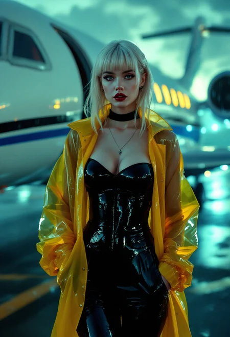 Analog photography, cinematic scene with film grain, a pale-skinned, tired smiled, platinum blonde-haired, charming goth model, clad in a transparent yellow raincoat, a strapless sleek black latex bodysuit, accentuating her large breasts, velvet choker around her neck. She stands with her hands in her pockets, next to a private jet with blue and black stripes on a rain-soaked airport's runway, under the soft glow of airport runway lightings, with clouds and rain swirling around her, a slight head tilt, relaxed posture, and lip gloss shining on her lips, framed by blunt bangs long hair. She gazes directly at the camera, exuding  seductive aura, with dramatic, atmospheric lighting, dim natural light, casting a warm, golden glow on her skin, while a cool, blue-green backlight, placed behind her, creates a sense of depth and mystery, with subtle lens flares and atmospheric lighting adding to the dramatic atmosphere.