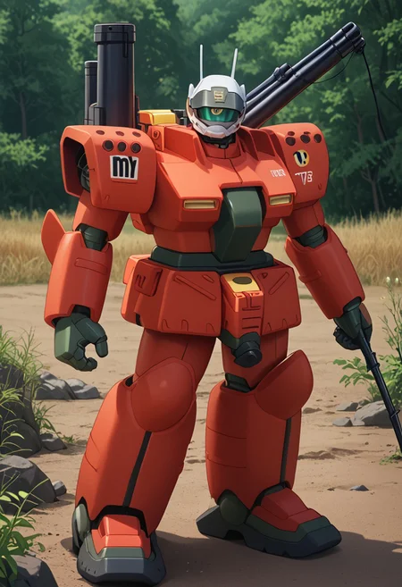 score_9, score_8_up, score_7_up, source_anime, front view, BREAK, ( guncannon_mass_production_type, riverside, looking at viewer,) 1mech, copper mech, copper armor, metallic armor, fishing, fishing rod, shoulder cannons stowed, mech focus, solo, BREAK, two arms,