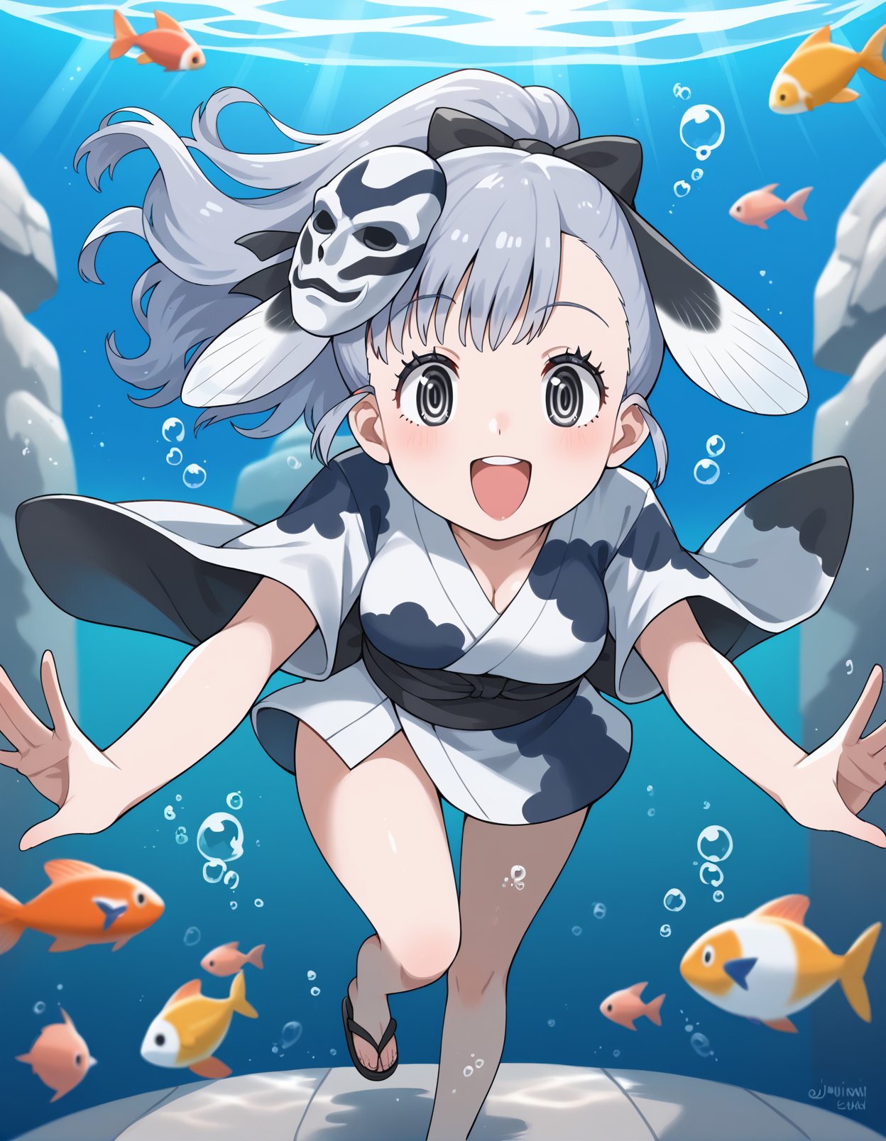 score_9, score_8_up, score_7_up, score_6_up, score_5_up, score_4_up, source_anime, rating_safe, BREAK <lora:jinmenGyoXL_LoRA-C3Lier_AdamW_Dim16_Alpha16_UN-3e-4_TE-1.5e-4_10batch_ponyDiffusionV6XL_v6StartWithThisOne:1>, jinmen-gyo \(kemono friends\), 1girl, grey eyes, head fin, grey hair, long hair, ponytail, tail, hair bow, mask on head, short yukata, sash, sandals, open mouth, happy, swimming, facing viewer, looking at viewer, leaning forward, eye focus, depth of field, perspective, submerged, underwater, fish, koi, air bubble