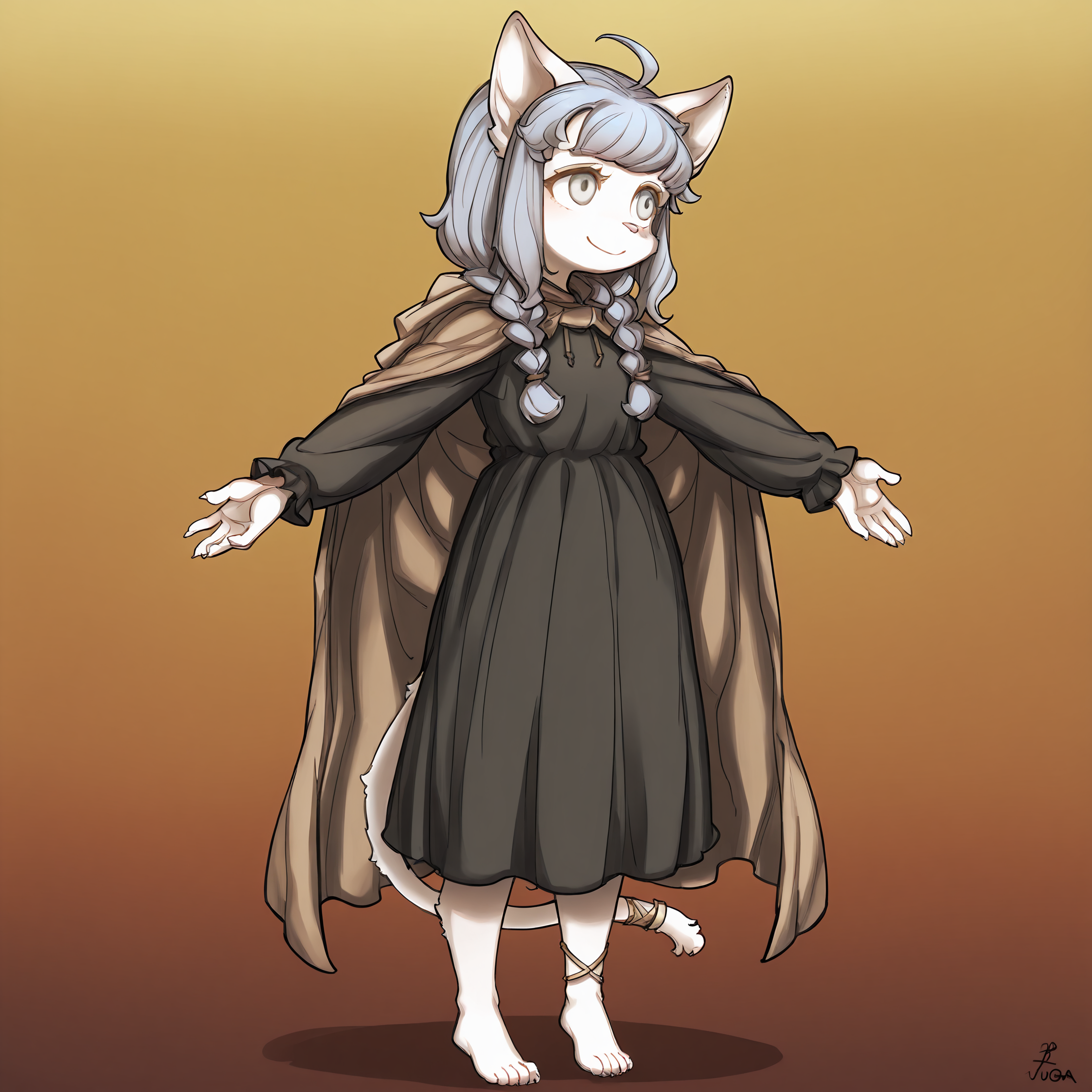BREAK, <lora:Sheena_Falafel:1>, Sheena Falafel, Fuga: Melodies of Steel, kemono, furry female, young female, 1girl, cat girl, white fur, grey eyes, pastel blue hair, long hair, ahoge, bangs, sidelocks, animal ears, cat ears, animal nose, pink nose, Fuga 1 appearance, twin braids,
BREAK, Fuga 1 Outfit, barefoot, braided anklet, claws, black dress, brown cloak,
BREAK, solo, full body, looking away, standing, smile, head tilt,