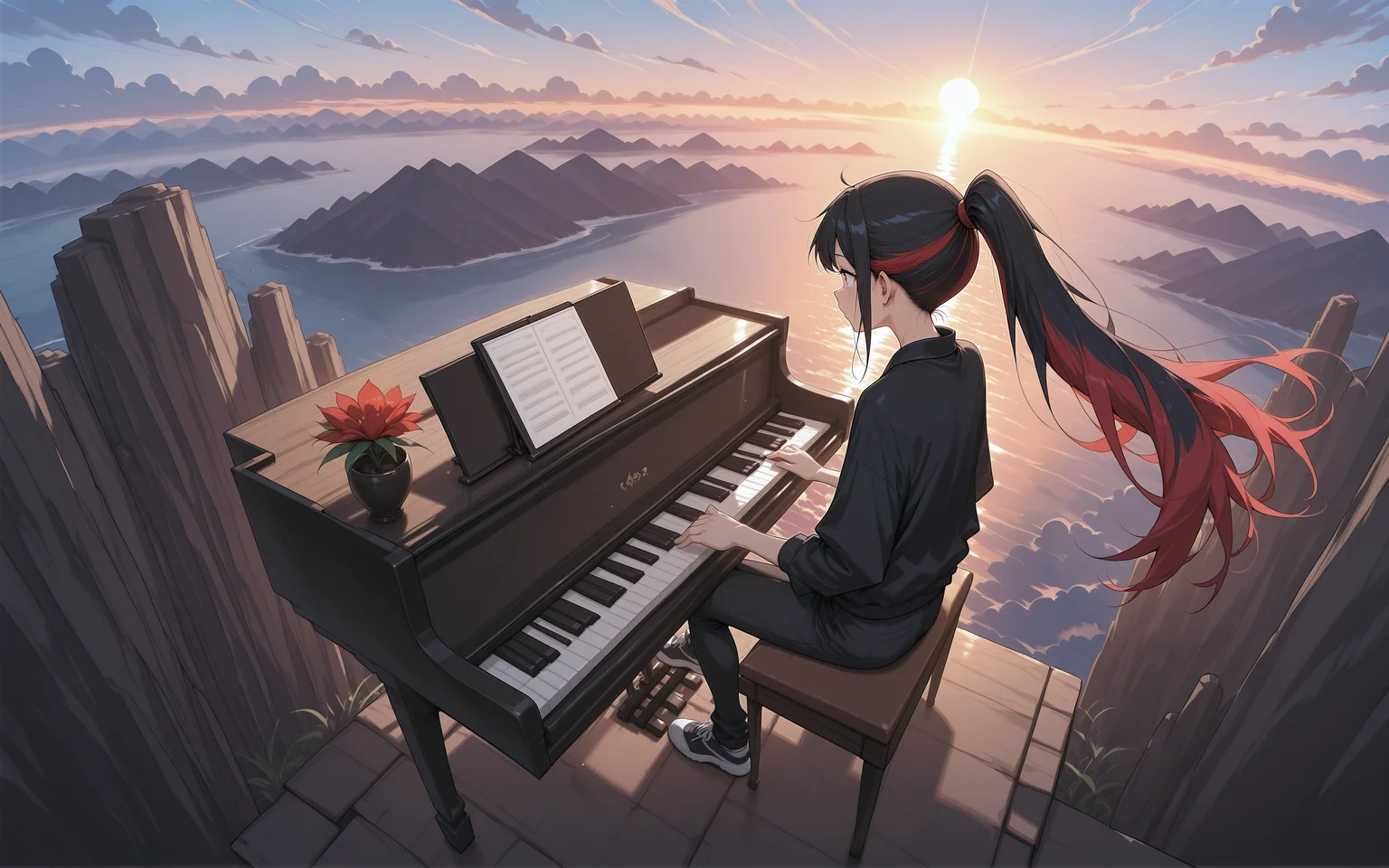 1girl, red eyes, black jacket, black pants, red hair, multicolor hair, striped hair, ponytail, wind, very long hair, sitting, playing piano, side view, <lora:Lifeline_Style_V2_Illu_Edition:0.8>, llv2-illu, <lora:standing_on_the_edge:1> 5t4nd1ng_0n_3dg3, flowers, glowing clouds, sunlight, godrays, from above, scenary, wide angle, mountains, wide angle, ocean,