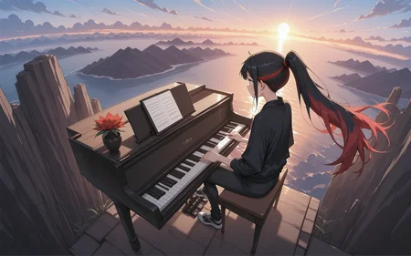 1girl, red eyes, black jacket, black pants, red hair, multicolor hair, striped hair, ponytail, wind, very long hair, sitting, playing piano, side view, <lora:Lifeline_Style_V2_Illu_Edition:0.8>, llv2-illu, <lora:standing_on_the_edge:1> 5t4nd1ng_0n_3dg3, flowers, glowing clouds, sunlight, godrays, from above, scenary, wide angle, mountains, wide angle, ocean,
