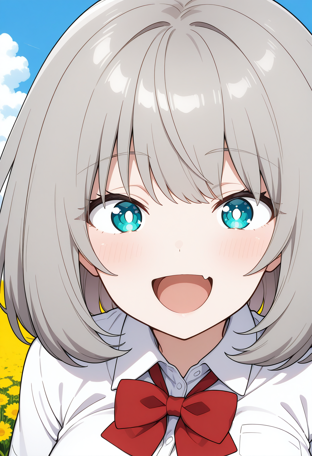tejina_senpai, white pupils, bright pupils, blue eyes, grey hair, short hair, bangs, school uniform, red bowtie, collared shirt, white shirt, short sleeves, black skirt, <lora:tejina_senpai_illustrious_ver1:0.8> 
smile, 1girl, solo, (field:1.2), (blue sky:1.2), looking at viewer,, masterpiece, best quality, general,, (upper body:1.2), (close-up:1.2), (facing viewer:1.2), (open eyes:1.4), (portrait:1.2)