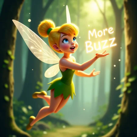 (1girl:1.3) Tinker Bell, the tiny, mischievous fairy, is floating mid-air with her delicate wings fluttering behind her. She’s holding her magic wand, which glows with a soft golden light, and (((the words "More Buzz" appear in sparkling letters above her wand))). Dressed in her iconic green dress, she looks up with a curious expression, her face filled with excitement and wonder. The background is an enchanting forest, with magical dust floating in the air, as if the entire world around her is alive with magic and waiting for something amazing to happen. The scene is whimsical, playful, and filled with the light-hearted charm of Disney magic.
