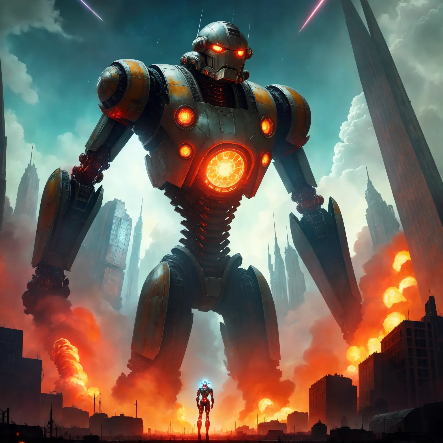 killer iron robot from_below from_side spaceship above explosions in the sky powerful dutch angle (AtomPunkStyleSD15:1.0)
(masterpiece:1.5) (painting:1.1) (best quality) (detailed) (intricate) (8k) (HDR) (wallpaper) (cinematic lighting) (sharp focus)