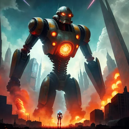 killer iron robot from_below from_side spaceship above explosions in the sky powerful dutch angle (AtomPunkStyleSD15:1.0)
(masterpiece:1.5) (painting:1.1) (best quality) (detailed) (intricate) (8k) (HDR) (wallpaper) (cinematic lighting) (sharp focus)
