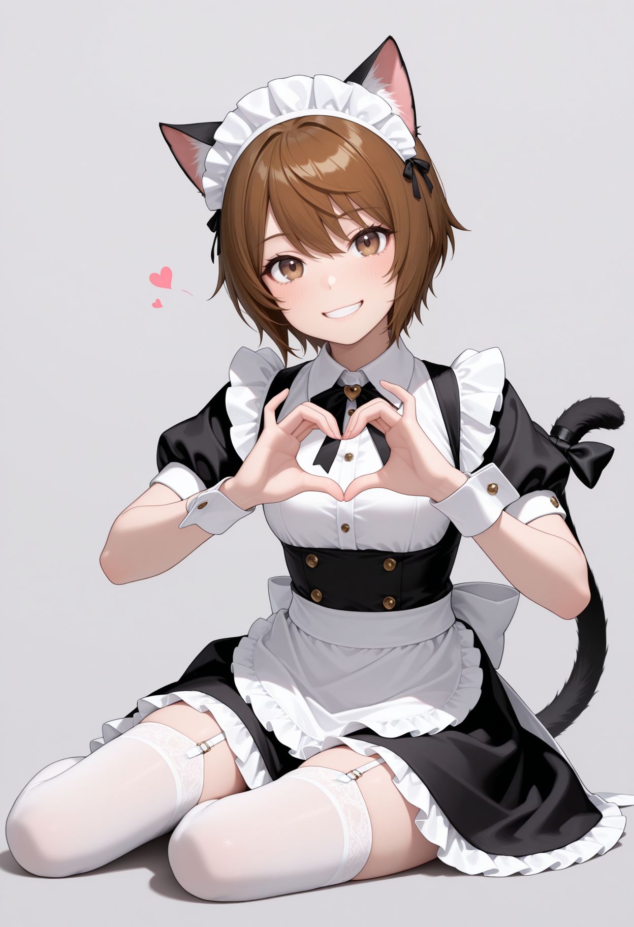 masterpiece,best quality,absurdres,highres,very aesthetic,high quality,detailed,insanely detailed,beautiful,perfect lighting, looking at viewer, 
 <lora:Kinuhata Saia illu:1>animal ears, cat tail, heart hands, thighhighs, brown hair, 1girl, maid headdress, smile, waist apron, garter straps, tail ornament, short hair, grin, wrist cuffs, sitting, looking at viewer, brown eyes, frills, simple background, yokozuwari, dress, tail bow, grey background