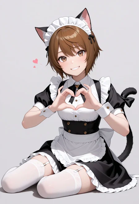 masterpiece,best quality,absurdres,highres,very aesthetic,high quality,detailed,insanely detailed,beautiful,perfect lighting, looking at viewer,
<lora:Kinuhata Saia illu:1>animal ears, cat tail, heart hands, thighhighs, brown hair, 1girl, maid headdress, smile, waist apron, garter straps, tail ornament, short hair, grin, wrist cuffs, sitting, looking at viewer, brown eyes, frills, simple background, yokozuwari, dress, tail bow, grey background