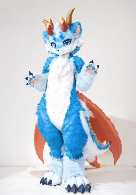 score_9,score_8_up,score_7_up,realistic,photo realistic,(masterpiece, best quality:1.2),(furry:1.2),furry dragon,horns,red and white fur,furry paws,white background,blue eyes,furry ears,full fur suit,realistic,solo,full body,<lora:FullFurSuitXLLora:0.9>,