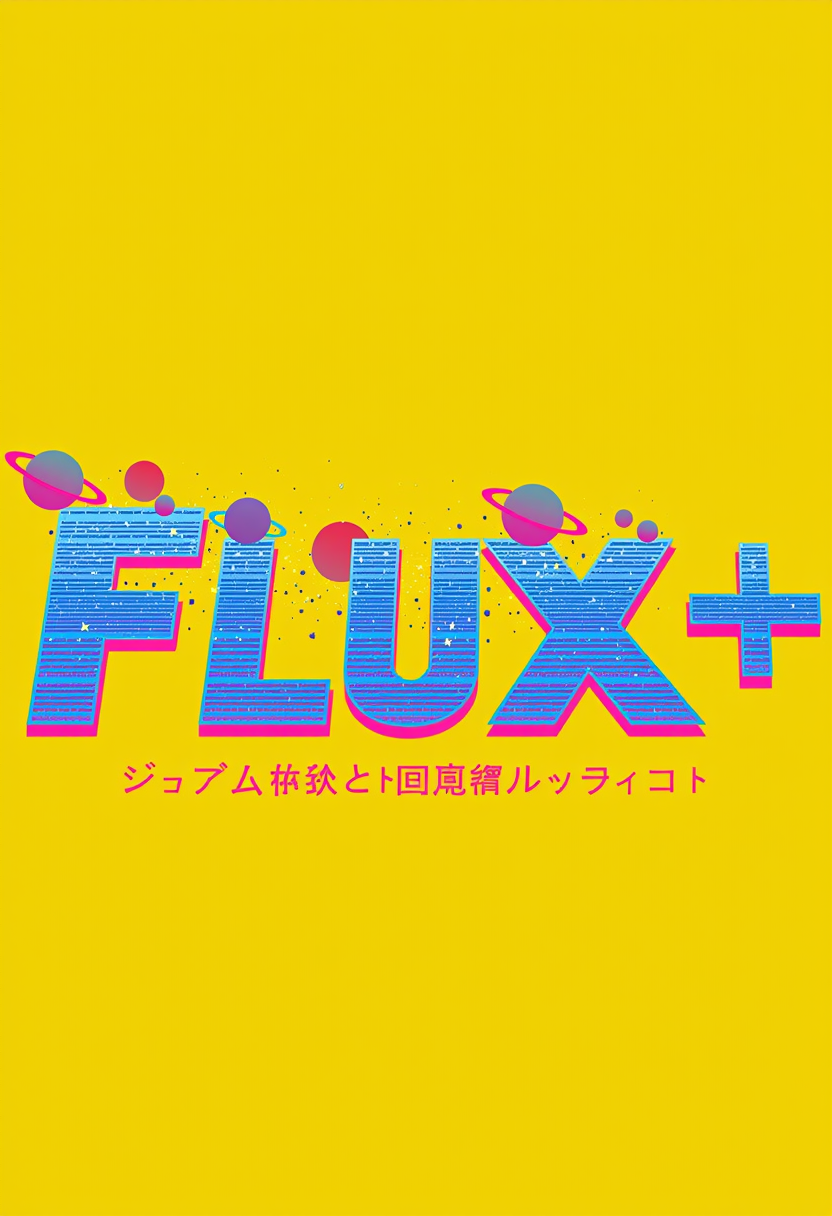 A yellow background with the text "Flux Detailer+" in bold, psychedelic font. The letters have an iridescent shimmer effect and are arranged to resemble floating stars or planets. There is also some digital pixel art on top of it that adds another layer of visual complexity. In front of them is written Japanese characters for "High Res Update". It's a creative design for a social media post or profile banner.