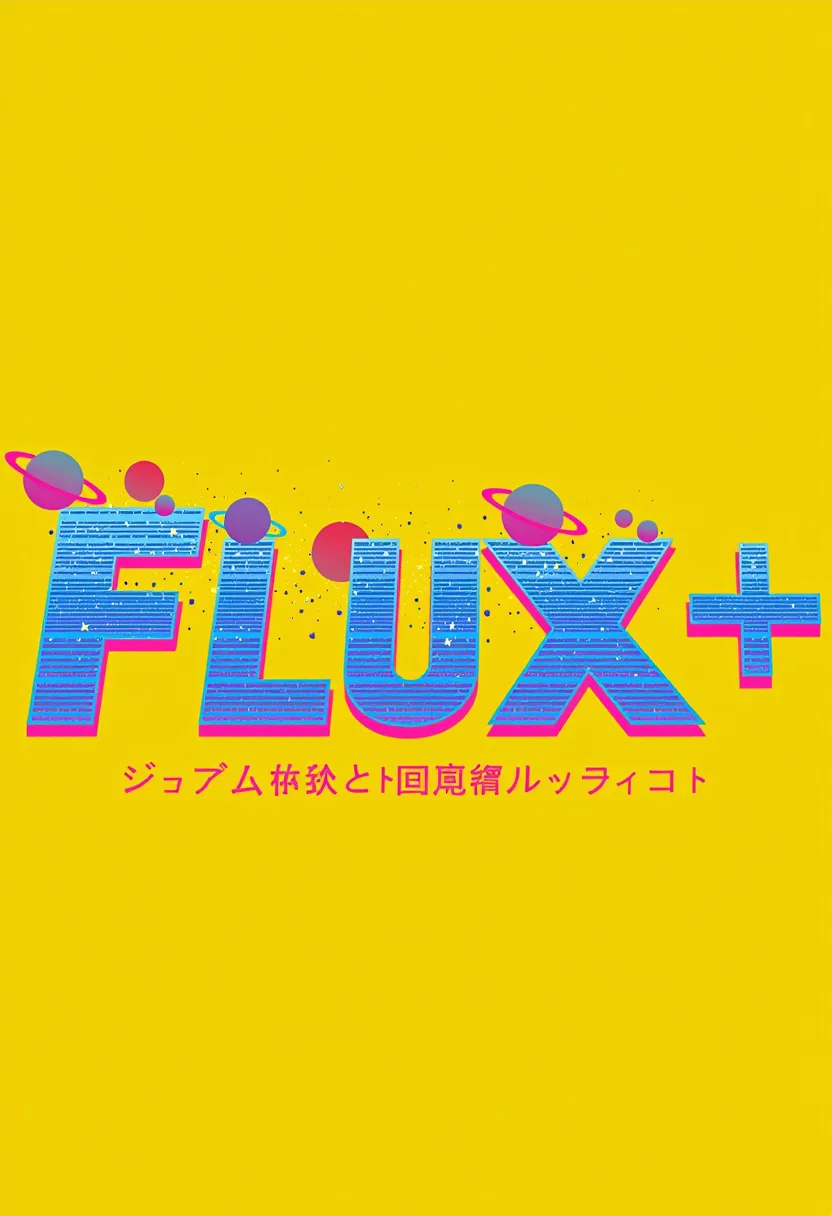 A yellow background with the text "Flux Detailer+" in bold, psychedelic font. The letters have an iridescent shimmer effect and are arranged to resemble floating stars or planets. There is also some digital pixel art on top of it that adds another layer of visual complexity. In front of them is written Japanese characters for "High Res Update". It's a creative design for a social media post or profile banner.