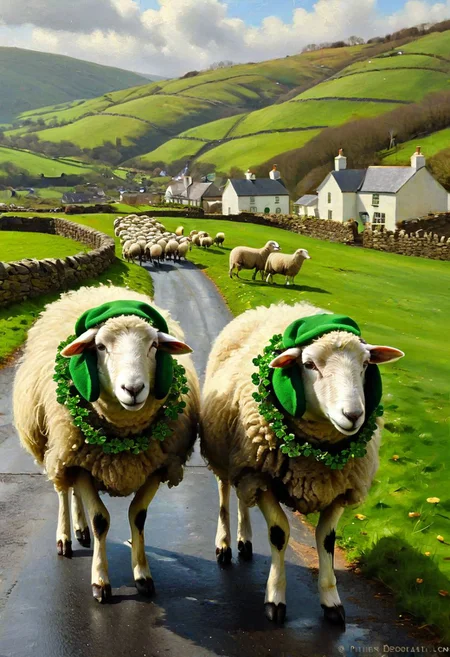 oil painting, sheep in St. Patrick's Day attire, green hats, shamrock garlands, Irish village, rolling green hills, sunlight dappling, atmospheric lighting, rich texture, (painterly style:1.3), detailed brushwork