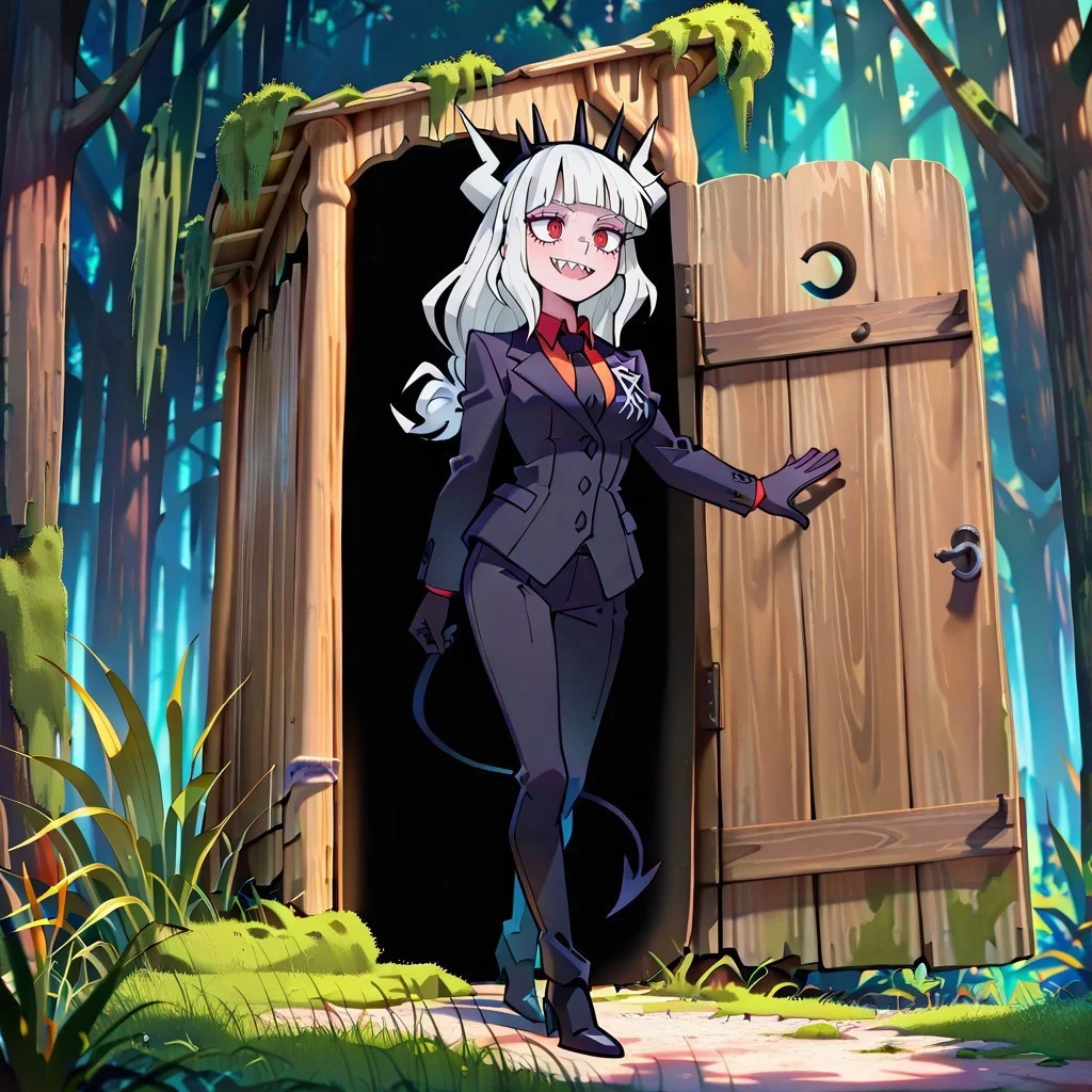 masterpiece, best quality, newest, absurdres, highres, anime, anime style, Shrek's-Outhouse-IL.V1.1, outdoors, moss, plant, nature, forest, Outhouse-open door, opening door, 1girl, lucifer \(helltaker\), black suit, red necktie, black collared shirt, black gloves, blunt bangs, demon horns, demon girl, demon tail, sharp teeth, red eyes, white hair, long hair