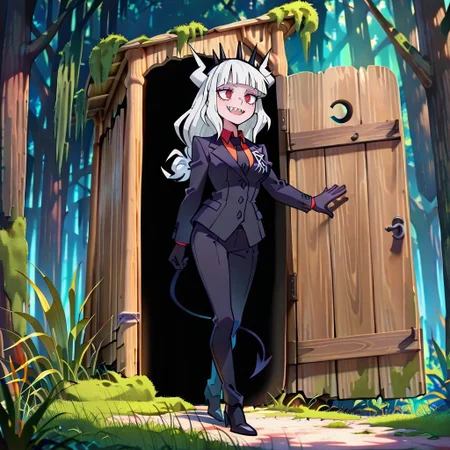 masterpiece, best quality, newest, absurdres, highres, anime, anime style, Shrek's-Outhouse-IL.V1.1, outdoors, moss, plant, nature, forest, Outhouse-open door, opening door, 1girl, lucifer \(helltaker\), black suit, red necktie, black collared shirt, black gloves, blunt bangs, demon horns, demon girl, demon tail, sharp teeth, red eyes, white hair, long hair