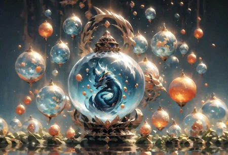 Jujutsu Kaisen dragon Blue Lock Super Dragon Ball Imagine a floating garden in space, where exotic plants grow in giant transparent bubbles. Each bubble contains a unique ecosystem, with magical creatures and vibrant colors. Explore the idea of a surreal intergalactic garden that defies the laws of physics dragon