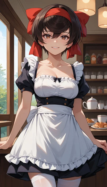 score_9, score_8_up, score_7_up, source_anime,
<lora:Shizuka Tsuruk:1> 1girl, mole under eye, hair bow, short hair,black hair, red ribbon, brown eyes,bangs
cafe,looking at viewer,cowboy shot, (black strapless dress),maid, white apron, white thighhighs,smile