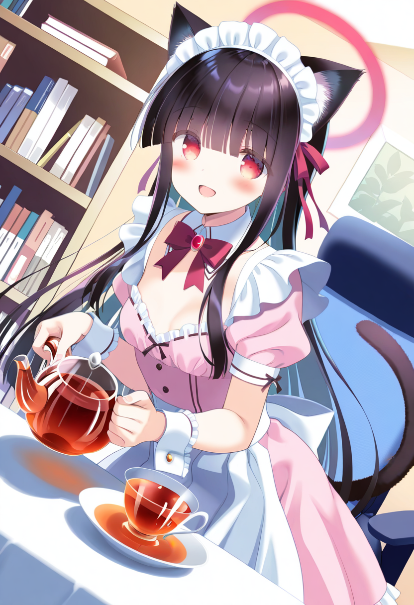 (masterpiece,best quality,ultra_detailed,highres,absurdres:1.2,amazing quality,very aesthetic),<lora:mob_ilxl_v1-000009:0.8>,1girl, maid headdress, solo, animal ears, black hair, teapot, tail, teacup, tea, holding teapot, maid, cat ears, long hair, cat tail, bookshelf, red eyes, apron, chair, wrist cuffs, short sleeves, indoors, smile, puffy sleeves, puffy short sleeves, pouring, ribbon, cup, dutch angle, saucer, pink dress, maid apron, open mouth, halo, blush, white apron, looking at viewer, bow, cat girl, detached collar, swivel chair, holding, coffee, book, hair ribbon, bowtie, office chair, blunt bangs, breasts, enmaided, mob