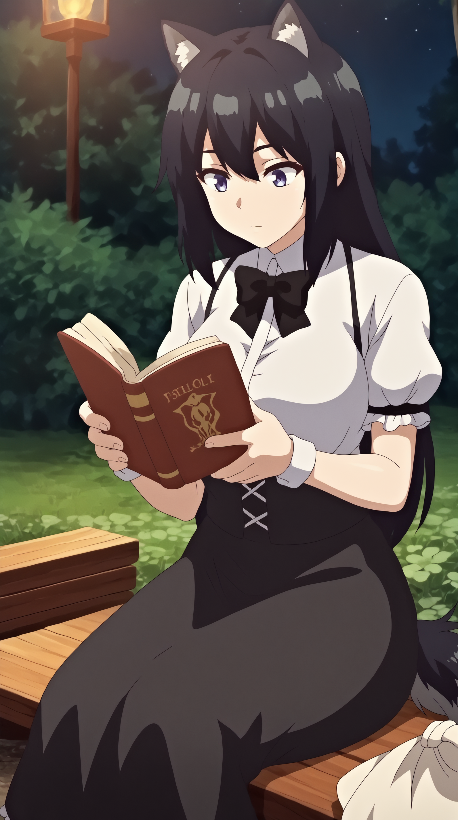 score_9, score_8_up, score_7_up,anime_source, source_anime, best background, detailed background, anime screencap, 4k, upscale,  Mila Micola, Main Outfit, solo, holding, sitting, outdoors, book,  night, holding book, open book, reading, bench,   <lora:JN_Mila_Micola_Pony:0.8>