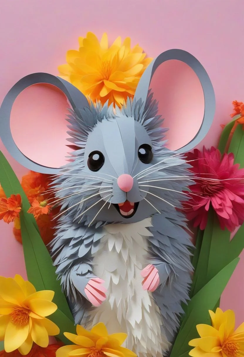 score_9, score_8_up, score_8, solo, (fluffy:0.8), (feral), furry, (((mouse))), female, (fluffy cheeks:0.7), (solo:2), j_cartoon, cute, (upper body shot, portrait:2), flowers, embarrassed, look at viewer, PaperCutout style