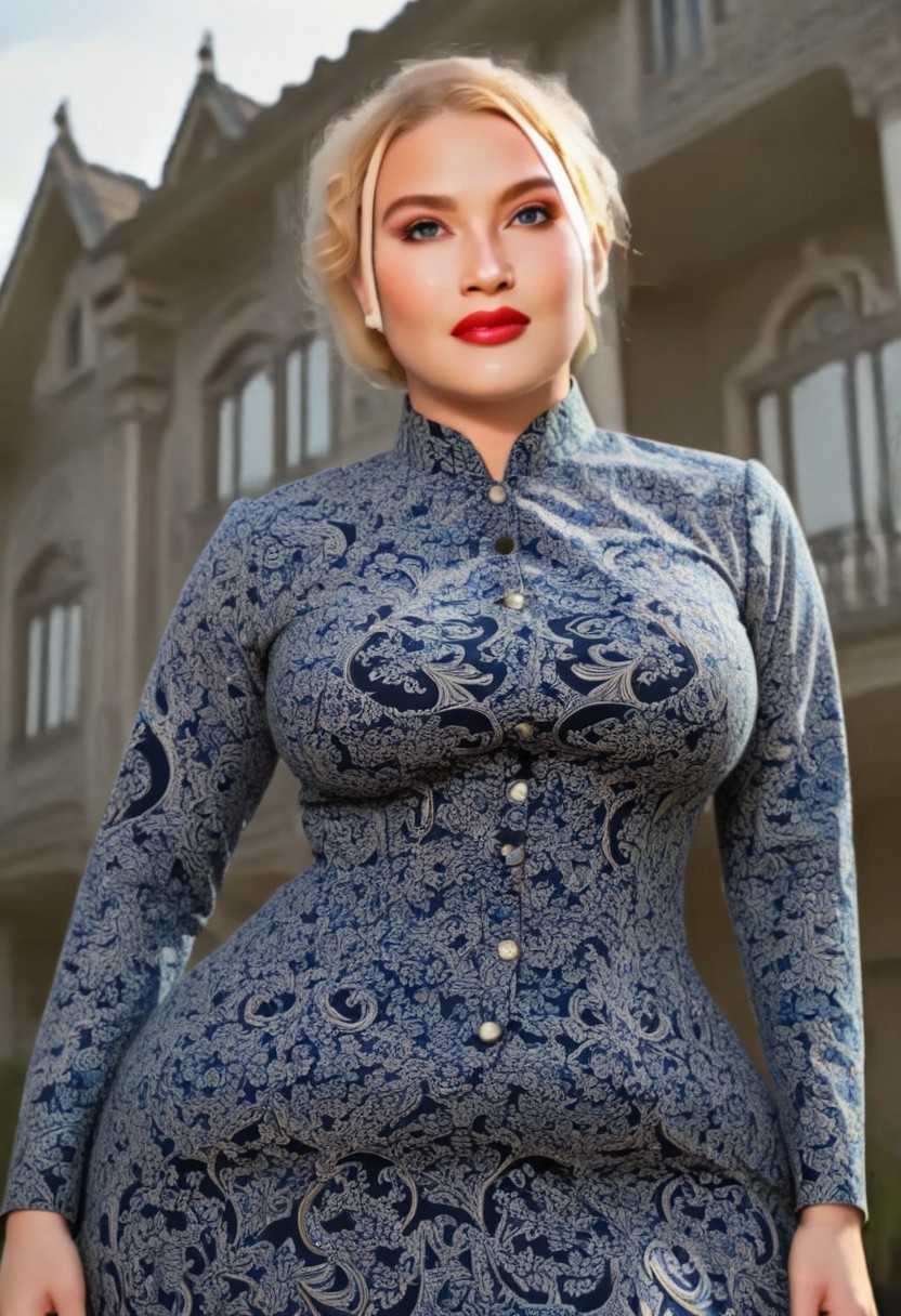 Indonesian_Batik_Morph, female, solo, masterpiece, best quality, highly detailed, sharp focus, dynamic lighting, evening with golden hour lighting, professional grade, Photo realistic, Natural atmospheric lighting, intricate details, 35mm photograph, film, professional, 32k visuals, highly detailed, elegant, (scenery:2), (outdoor:2), golden hour, sunset, close up, ultra detailed, 32k, UHD, colorful, high quality, sharp focus, glamorous,  (Indonesian_Batik_Morph Victorian dress:1.9), European woman, 1girl, wrinkles, (anatomically correct:2.2), (fully dressed:2), (Indonesian_Batik_Morph mansion:2.6), dynamic position, She has blue eyes, face and upper body of an arrogant lady, beautiful 25 year old woman , high cheekbones, wearing red lipstick, natural eyes, black eyeliner and false eyelashes. She has thick lips and is gorgeous, Blonde Woman, (extreme feminine curves:2.9).