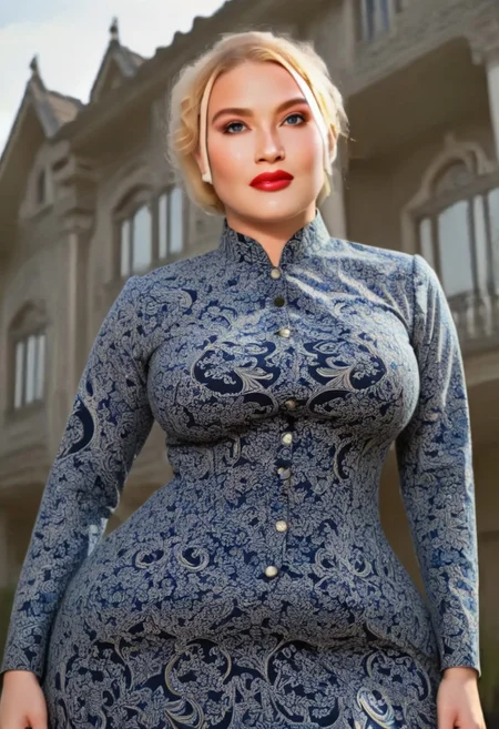 Indonesian_Batik_Morph, female, solo, masterpiece, best quality, highly detailed, sharp focus, dynamic lighting, evening with golden hour lighting, professional grade, Photo realistic, Natural atmospheric lighting, intricate details, 35mm photograph, film, professional, 32k visuals, highly detailed, elegant, (scenery:2), (outdoor:2), golden hour, sunset, close up, ultra detailed, 32k, UHD, colorful, high quality, sharp focus, glamorous,  (Indonesian_Batik_Morph Victorian dress:1.9), European woman, 1girl, wrinkles, (anatomically correct:2.2), (fully dressed:2), (Indonesian_Batik_Morph mansion:2.6), dynamic position, She has blue eyes, face and upper body of an arrogant lady, beautiful 25 year old woman , high cheekbones, wearing red lipstick, natural eyes, black eyeliner and false eyelashes. She has thick lips and is gorgeous, Blonde Woman, (extreme feminine curves:2.9).