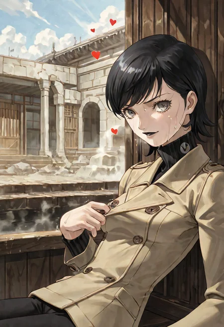 HDR, 8K, masterpiece, best quality, amazing quality, high resolution, absurdres, (2d, watercolor \(medium\)), 1girl, solo, (yuko takao, takaosmtiii, kazuma kaneko, kanekostyle, shin megami tensei, atlus, official art), lips, [black lipstick], eye shadow, eyelashes, black hair, short hair, (swept bangs), grey eyes, medium breasts, slender, very skinny, narrow waist, toned, pale skin, (sweat, wet, hot, steam, dripping, flushed), calm, casual, (embarrassed), nervous, parted lips, smile, looking at viewer, beige coat, turtleneck, black pants, sitting, leaning back, unbuttoning, undressing, inside stone temple, clouds, heart, twitching, commentary, dynamic angle, aid291, close up