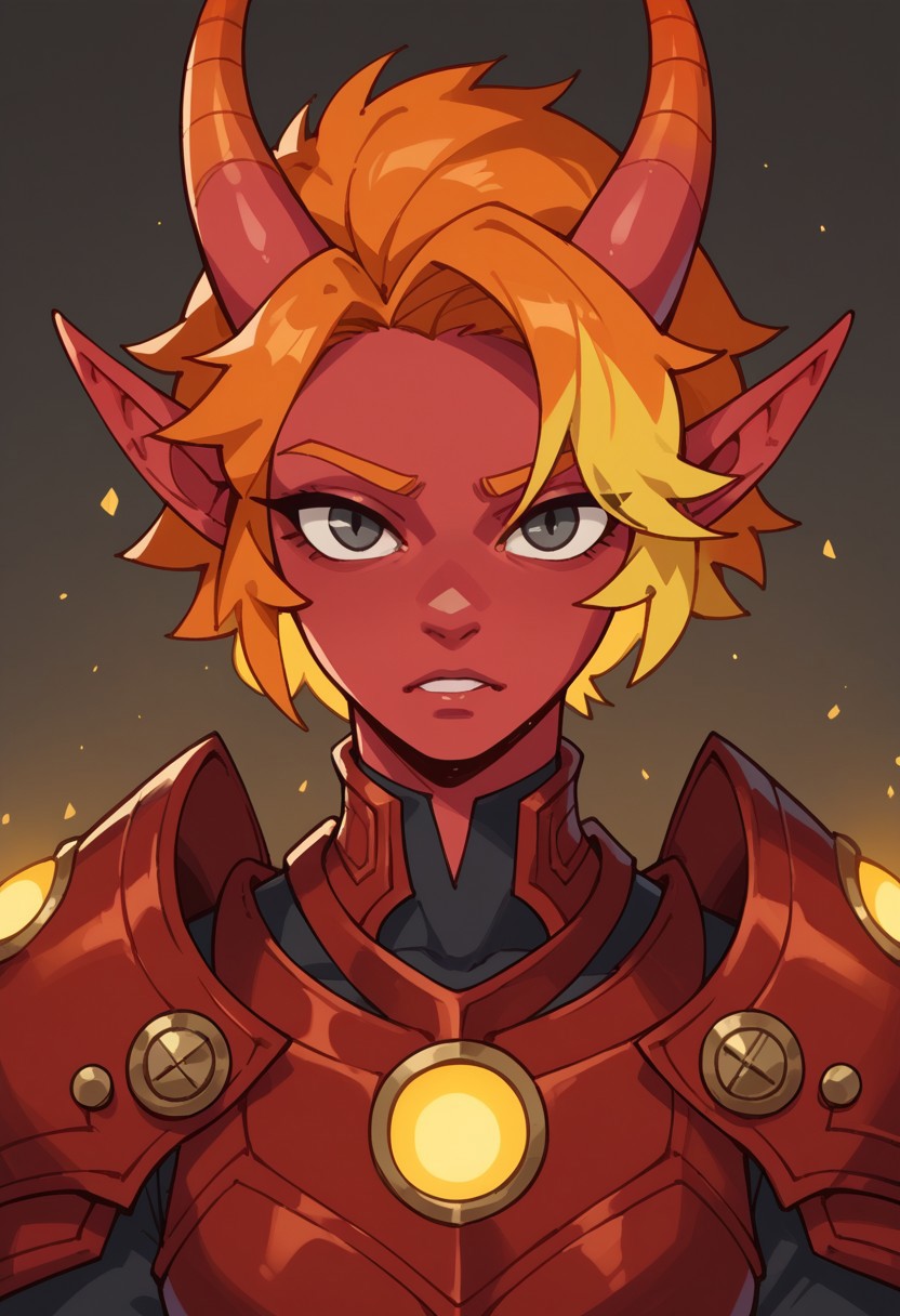 score_9, score_8_up, score_7_up, score_6_up, score_5_up, score_4_up, solo, Tiefling,  dark gray eyes, orange horns with square markings and yellow glowing tips, orange hair with yellow highlights, white and red skin, and red armor with yellow squares
<lora:ethos:1>