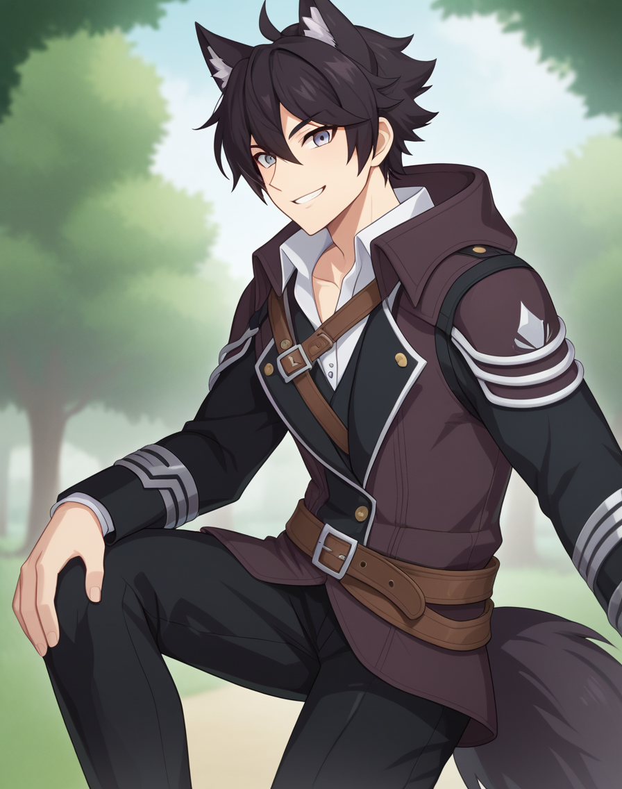 score_9, score_8_up, source_anime, original style, BREAK, rating_safe, <lora:ercnard_sieghart_pony:0.8>, straight-on,  ercnard_sieghart_pony, black hair, gray eyes, short hair, hair between eyes, 1boy, solo, male focus, upper body, cowboy shot,  outdoors, wolf ears, wolf tail, looking at viewer, standing on one leg, hand on own knee, smile,