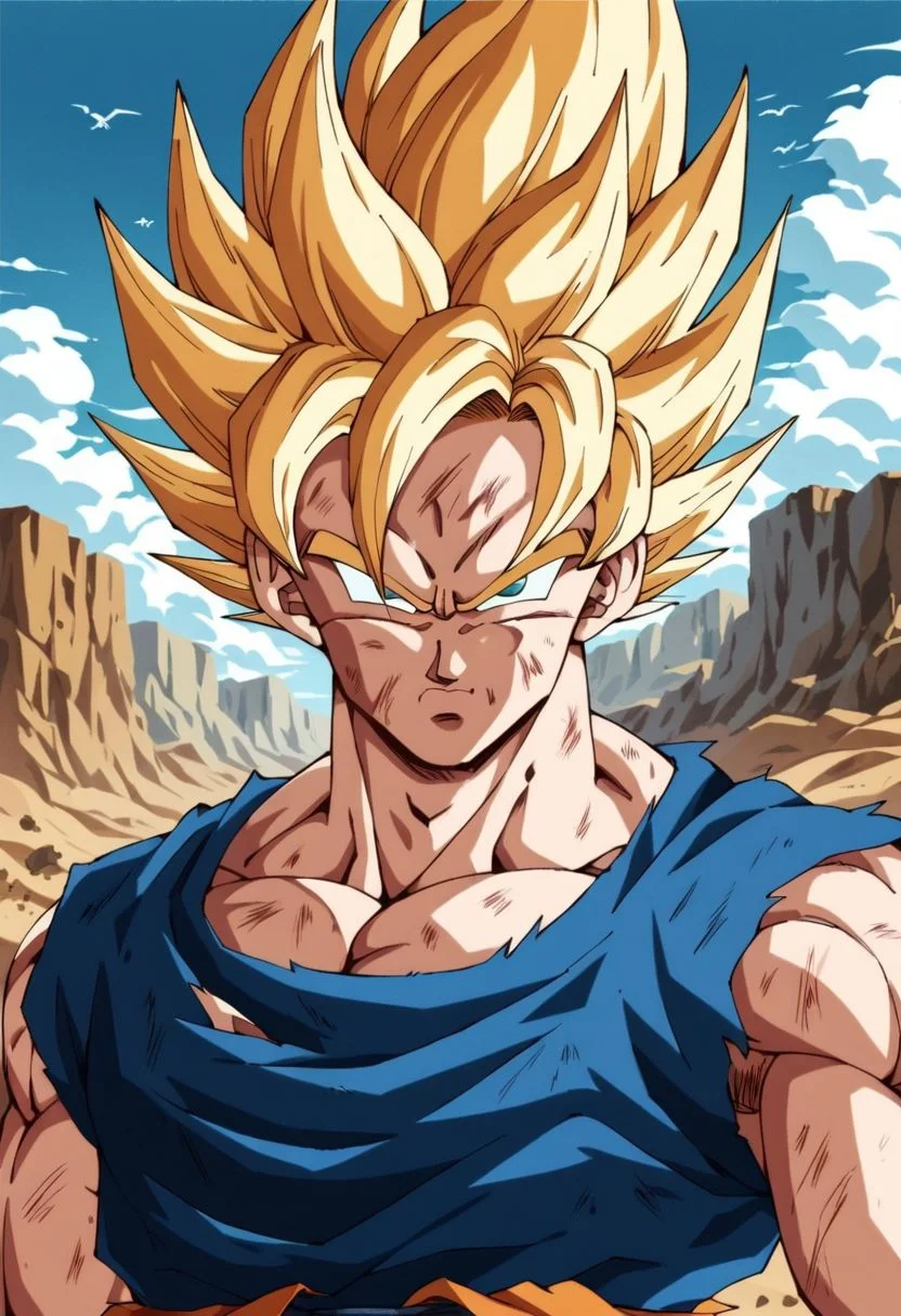 score_9, score_8_up, score_7_up, score_6_up,rating_questionable,portrait,((Solo:1.0)),(Son goku), without a shirt,(super expresive), ultradetailed, masterpiece, best quality, highres, in desert, montains, clouds, trees