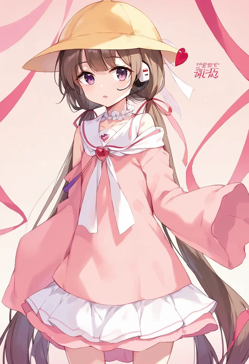 score_9, score_8_up, score_7_up, source_anime, BREAK
<lora:TsukiyomiAi_MMD_Pony_V1:0.85> Tsukiyomi_Ai, Purple Eyes, brown hair, very long hair, low twintails, bangs, pink hair ribbon, headset, school hat, yellow hat,
White neck ribbon, kindergarten uniform, collared dress, frilled collar, pink dress, Heart Brooch, short dress, Sleeveless dress, Heart name tag,
(off Shoulder), collarbone, sleeves past fingers, pink sleeves,
(cover page, cover, official art, cover page, doujin cover, speech bubble, text focus, heart, magazine cover),
blonde dip-dye background, simple bacground,,brown background, simple bacground,,