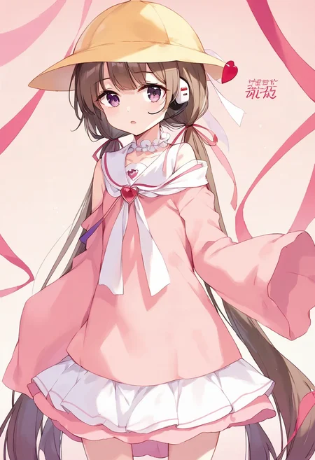 score_9, score_8_up, score_7_up, source_anime, BREAK
<lora:TsukiyomiAi_MMD_Pony_V1:0.85> Tsukiyomi_Ai, Purple Eyes, brown hair, very long hair, low twintails, bangs, pink hair ribbon, headset, school hat, yellow hat,
White neck ribbon, kindergarten uniform, collared dress, frilled collar, pink dress, Heart Brooch, short dress, Sleeveless dress, Heart name tag,
(off Shoulder), collarbone, sleeves past fingers, pink sleeves,
(cover page, cover, official art, cover page, doujin cover, speech bubble, text focus, heart, magazine cover),
blonde dip-dye background, simple bacground,,brown background, simple bacground,,