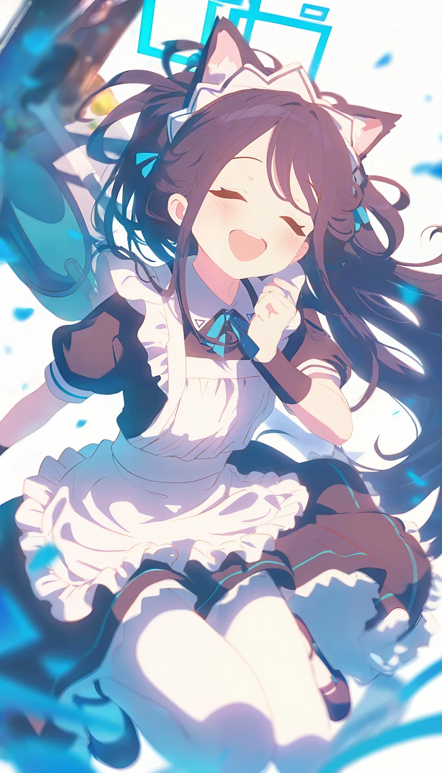 REMEMX,1girl, solo, aris \(maid\) \(blue archive\), animal ears, black hair, halo, apron, closed eyes, long hair, short sleeves, white pantyhose, maid, white apron, aris \(blue archive\), white background, simple background, black dress, smile, maid headdress, dress, maid apron, open mouth, pantyhose, frilled apron, frills, very long hair, blush, ponytail, cat ears, official alternate costume, black footwear, ribbon, blue ribbon, puffy sleeves, puffy short sleeves, facing viewer, animal ear fluff, black wristband, borrowed clothes, shoes, neck ribbon, blue halo
