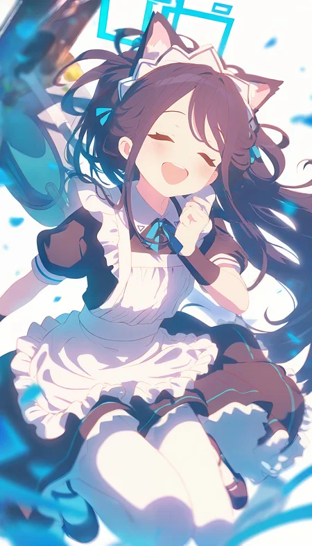 REMEMX,1girl, solo, aris \(maid\) \(blue archive\), animal ears, black hair, halo, apron, closed eyes, long hair, short sleeves, white pantyhose, maid, white apron, aris \(blue archive\), white background, simple background, black dress, smile, maid headdress, dress, maid apron, open mouth, pantyhose, frilled apron, frills, very long hair, blush, ponytail, cat ears, official alternate costume, black footwear, ribbon, blue ribbon, puffy sleeves, puffy short sleeves, facing viewer, animal ear fluff, black wristband, borrowed clothes, shoes, neck ribbon, blue halo