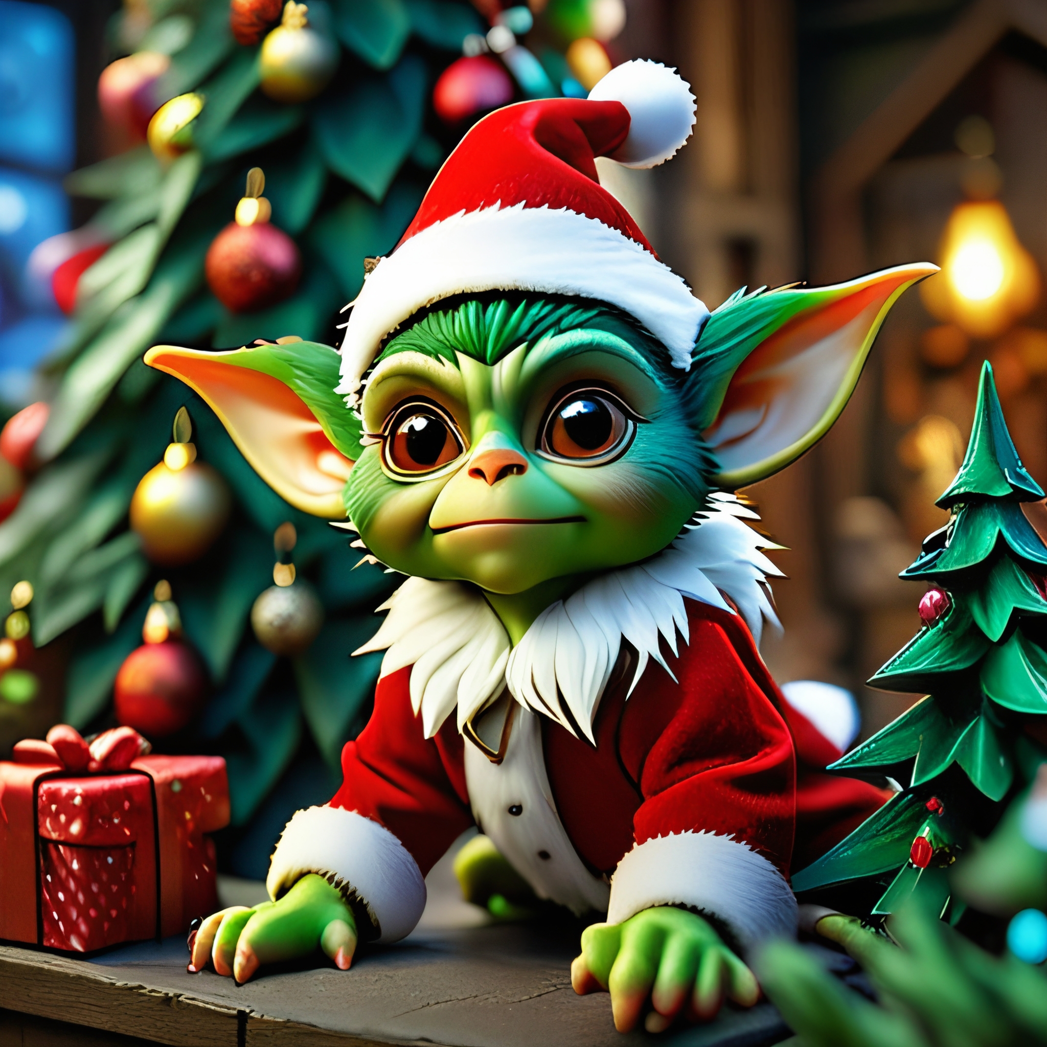 masterpiece, intricate photo, christmas gremlin, background kids elven toy factory at the north pole, christmas tree, festively decorated, christmas gifts, photo realistic, hyper realistic, highly detailed, sharp focus, best quality, high resolution, colorful, vibrant colors, studio lighting, 8K