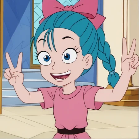 1girl, solo, povenmirestyle2, indoors in a palace, happy expression, blue hair, blue eyes, braided ponytail, hair bow,  peace sign, toon \(style\), <lora:povenmirestyle2>, <lora:bulmdbzs1XL_Pony_v1:0.8>,
