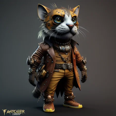 Fantz cartoon (creature:0.5)|(tiger:0.5) design, ultra detailed, random colors, steampunk, and punk costume, <lora:Small_Mostersv2:0.4> <lora:Creature_Design2_V1:0.5>