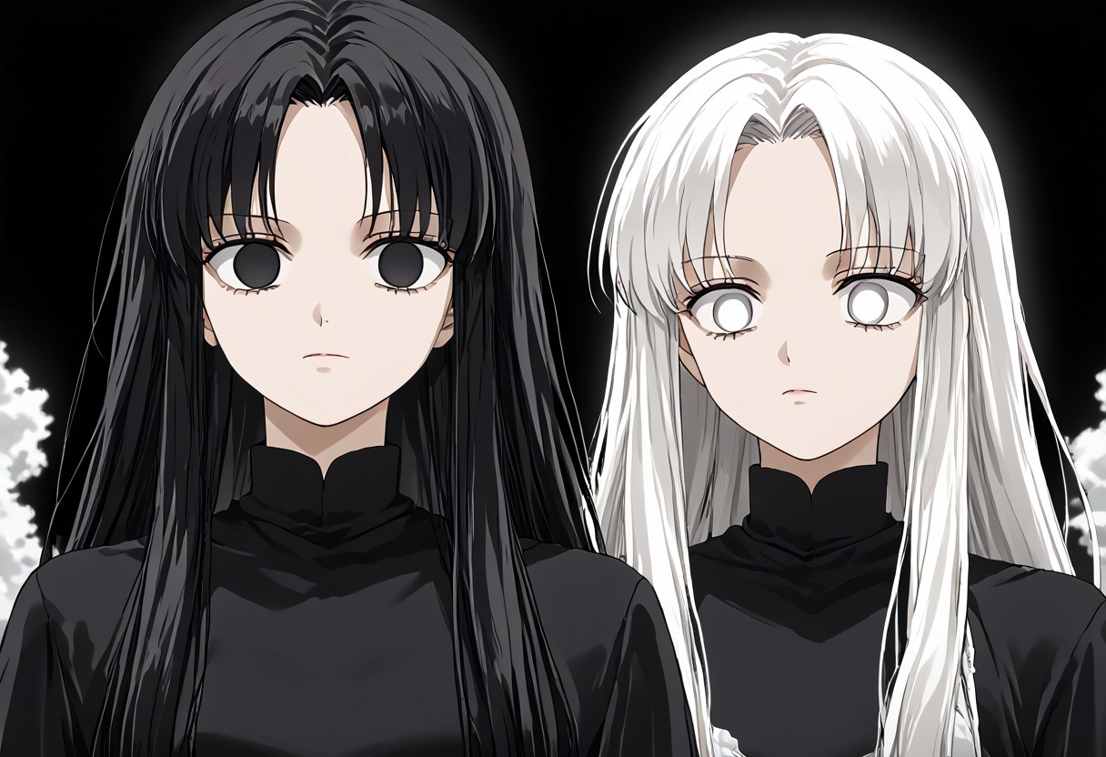 anime, empty eyes, hypnotized, females, adult, casual dress, long hair, black hair, white hair, black eyes, white eyes, twins, close up