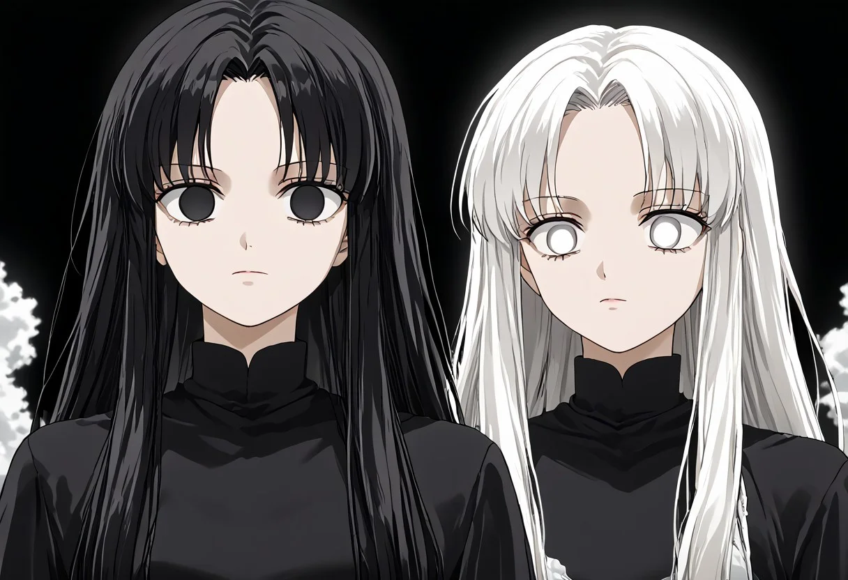 anime, empty eyes, hypnotized, females, adult, casual dress, long hair, black hair, white hair, black eyes, white eyes, twins, close up