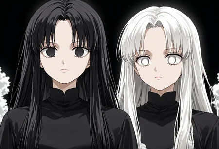 anime, empty eyes, hypnotized, females, adult, casual dress, long hair, black hair, white hair, black eyes, white eyes, twins, close up