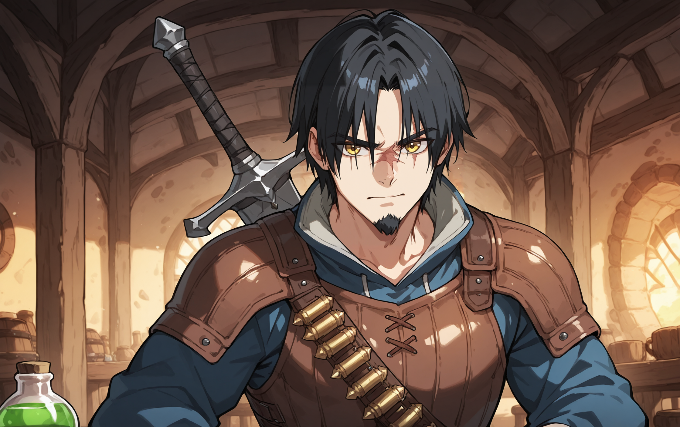 anime coloring, subsurface scattering, realistic shading, intricately detailed illustration, depth of field, masterpiece, best quality, amazing quality, very aesthetic, absurdres, newest, BREAK
 <lora:Rey_Spartan_My_OC_for_illustrious:0.8> r3y, solo, 1boy, yellow eyes, black hair, scar, goatee,
fantasy, anime screencap, leather armor, sword on back, in tavern, indoors, potion bandolier,