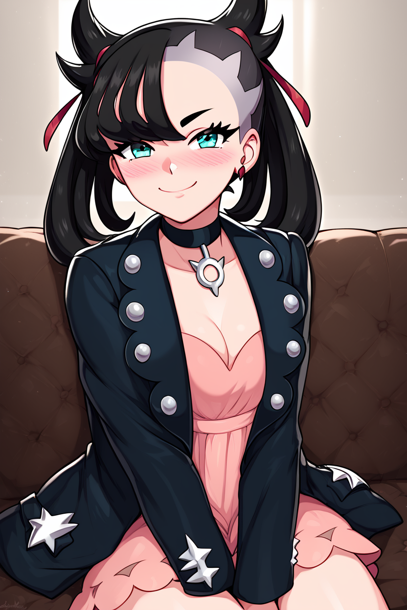 score_9, score_8_up, score_8, medium breasts, (curvy), cute, eyelashes,      ,,, zzMarnie, aqua eyes, black choker, black hair, red ribbon, pink dress, jewelry, black jacket, open clothes, long sleeves, <lora:MarnieP3:0.8>, ,,, hand between legs, blush, smug, ,,, smile, looking at viewer, blush, blurry, couch, sitting, ,,,  ,,, <lora:Afrobull_PDXL_v5:0.8>, ,  ,,, BREAK,   smile, looking at viewer, cowboy shot,   embedding:zPDXL, Expressiveh, <lora:SDXLFaeTastic2400:0.5>,  <lora:Expressive_H-000001:0.4>,