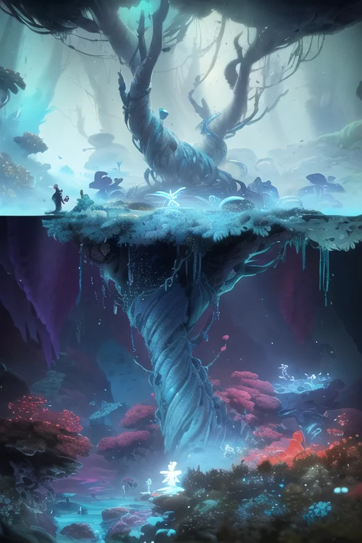 <lora:S2-Ori-ArtStyle-000008:1>,by Pino Daeni, by Ruan Jia, by Alayna Lemmer, by Carlo Galli Bibiena,
blue light, water, fish,
deep sea cave with water lake,
glowing mushroom,
(Ori and the Blind Forest), (Ori and the Will of the Wisps), 2D game, digital art,
realistic proportions, sharp focus, (HDR), (8k), (gigapixel), ((masterpiece))