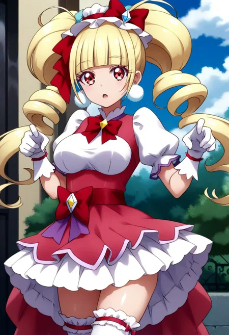 score_9, score_8_up, score_7_up, source_anime, (nsfw1.0), BREAK,
curemacherie, cute 1girl, (large breasts), skinny body, short stature, twintails,
pom pom earrings, pink ribbon, white gloves, frilled thighhighs, puffy sleeves, layered dress, porch, wrist bow, jewelry, white panty
shiny skin,
expressionless, small open mouth,
any pose, s-shaped pose, looking at viewer,
angle:random,
background:random,