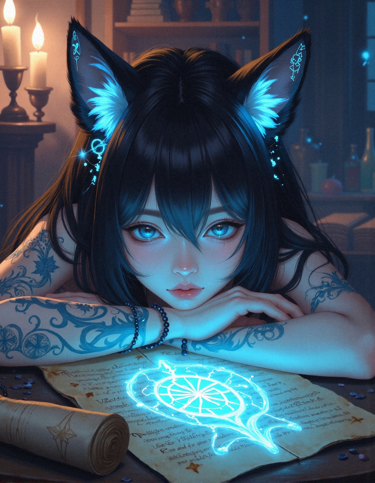 A stunningly detailed anime-inspired artwork of a quiet, enigmatic girl resting her head on a glowing script-covered table, her expression filled with quiet contemplation. Her eyes shimmer with neon cyan reflections, contrasting against the soft warmth of her naturally flushed cheeks. Her jet-black hair falls around her face in soft, delicate strands, framing her ethereal, melancholic beauty. Adorning her head are cyber-mystical fox ears, pulsating with an electric glow, covered in ancient arcane symbols and mystic sigils that seem to whisper forgotten secrets. Her exposed arms feature luminescent blue tattoos that appear as if they are infused with energy, blending ancient runes with a futuristic cyber-aesthetic. The room is dimly illuminated with a fusion of flickering warm candlelight and the cool, vibrant glow of her surroundings, filled with old scrolls, weathered parchments, and mysterious inscriptions that seem to breathe with arcane energy. The calligraphy on the scroll in front of her flows with radiant blue light, almost alive, casting a spectral glow on her serene, dreamlike expression. The painting is hyper-detailed, with meticulously crafted cyberpunk-meets-mysticism themes, deep atmospheric lighting, and an intricate fusion of technology and ancient magic.
 <lora:FluxDFaeTasticDetails:0.3> <lora:Dreamy_Korean_Style_Illustration_FLUX_LoRA:0.5> <lora:realism_lora_comfy_flux_converted:0.5>