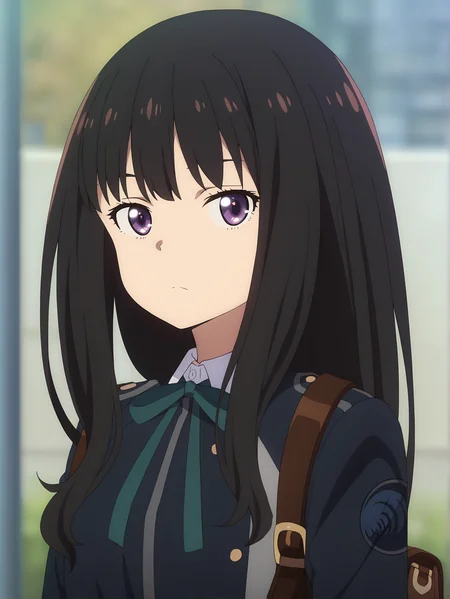 <lora:Takina_Inoue:0.9>inoue_takina, 1girl, solo, black long hair, purple eyes, blue lycoris uniform, logo on shoulder, green neck ribbon, white collared shirt, backpack, neutral, calm, looking at viewer