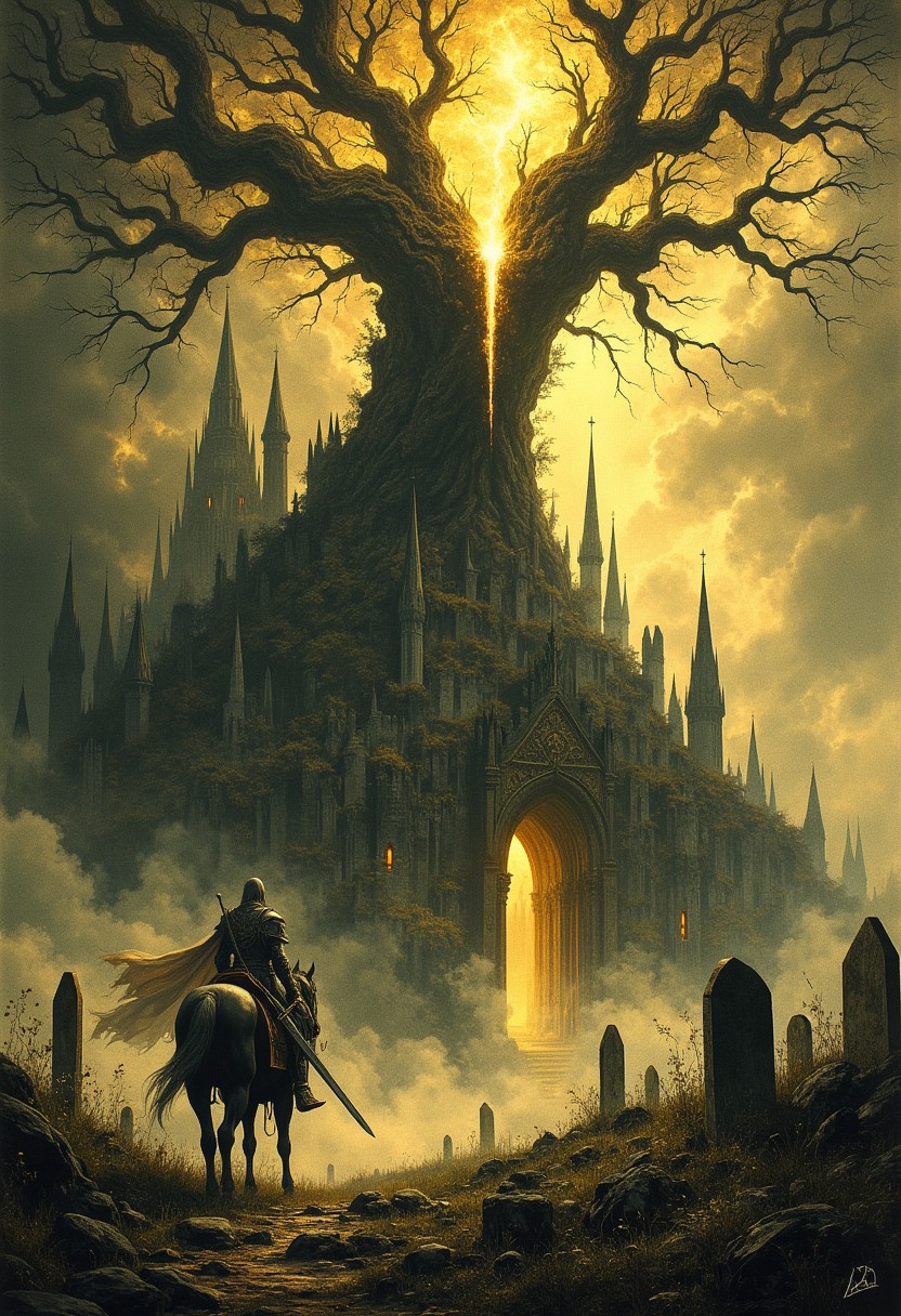 A dark and ominous fantasy landscape dominated by a towering, decaying tree radiating golden light from its ruptured core, its twisted branches extending across the stormy sky. Below, an ancient, ruined gothic castle with towering spires and broken arches stands shrouded in a dense, mystical fog. The foreground features a lone warrior clad in intricate silver armor, mounted on a spectral steed with faintly glowing eyes, holding a long, gleaming sword at the ready.
The landscape is covered in swaying tall grass and weathered gravestones, creating a somber and eerie atmosphere. Shadows of lurking, monstrous figures emerge in the distance, adding to the sense of foreboding. The scene is bathed in a moody, golden and ashen glow, with rays of light piercing through the thick clouds, highlighting the vastness and despair of the world. The overall tone is epic, melancholic, and imbued with a sense of ancient mystery and impending doom.