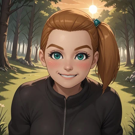 score_9, score_8, BREAK, solo, wii, mii, wii sports, 1girl, female mii, dark blonde hair, side ponytail, dark blonde eyebrows, green eyes, blush, black clothing, black pants, shoes, breasts, nintendo mii, modern_mii, classic_mii, Polly_(Wii_Sports), cute, sexy pose, self portrait, smile, outdoors, sunlight, shadows, evening lighting, natural lighting, forest, trees, grass, orange sky, sunset