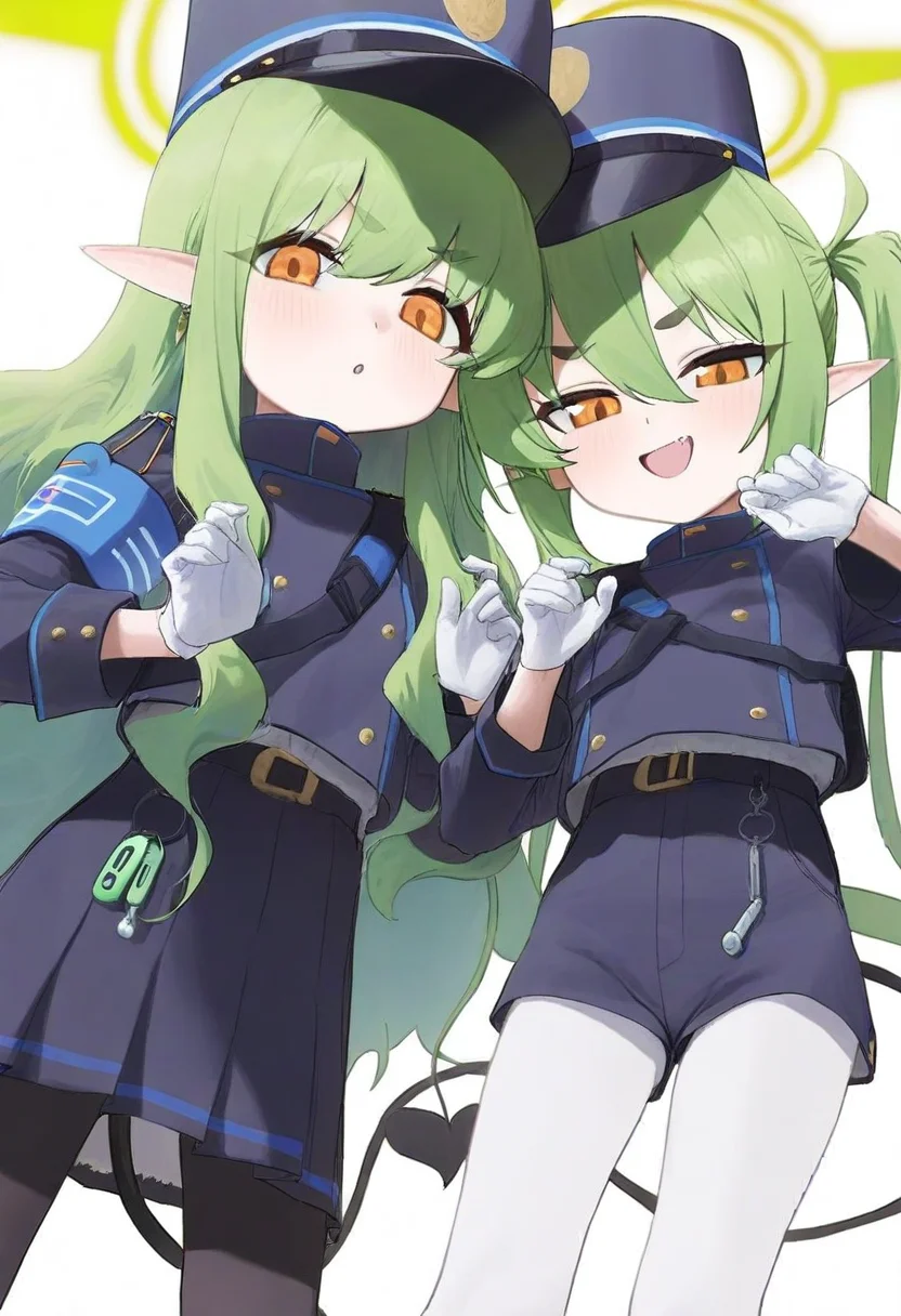 multiple girls, 2girls,
nozomi (blue archive), hikari (blue archive),
{healthyman,modare,atte_nanakusa},zurikisi,year_2023,dynamic angle,shiny,
hat, pointy ears,long hair, shorts, green hair, siblings, pantyhose, thick eyebrows, demon tail, gloves, open mouth, tail, twintails, smile, blush, looking at viewer, sisters, orange eyes, white gloves, skirt parted lips,
simple background,white background,
best quality, amazing quality, very aesthetic, absurdres
<lora:hikari_nozomi_v1-000010:1>