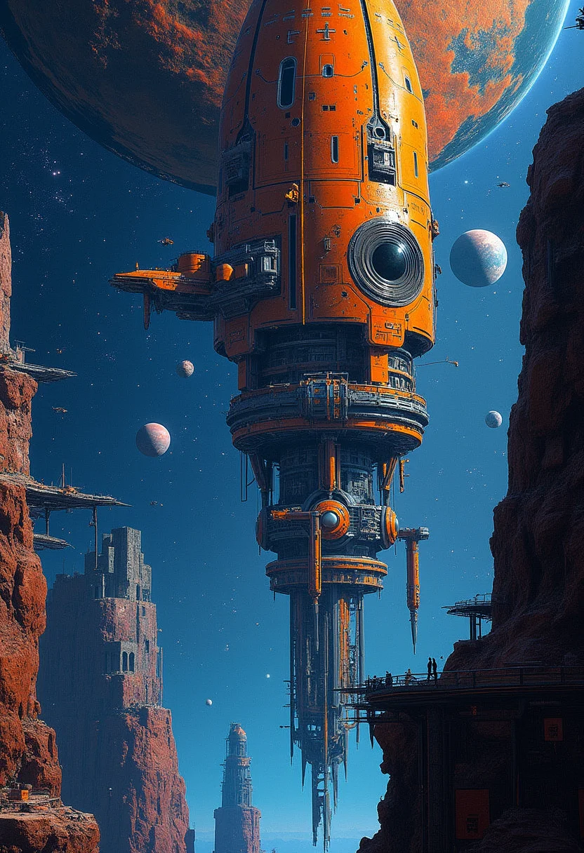 yfg-taal High-contrast digital illustration showing a complex portal with vibrant orange and blue mechanical elements, gothic castles, swirling planets, starry sky, dynamic lighting, intricate machinery, detailed textures, and sharp contrasts enhancing the otherworldly atmosphere,