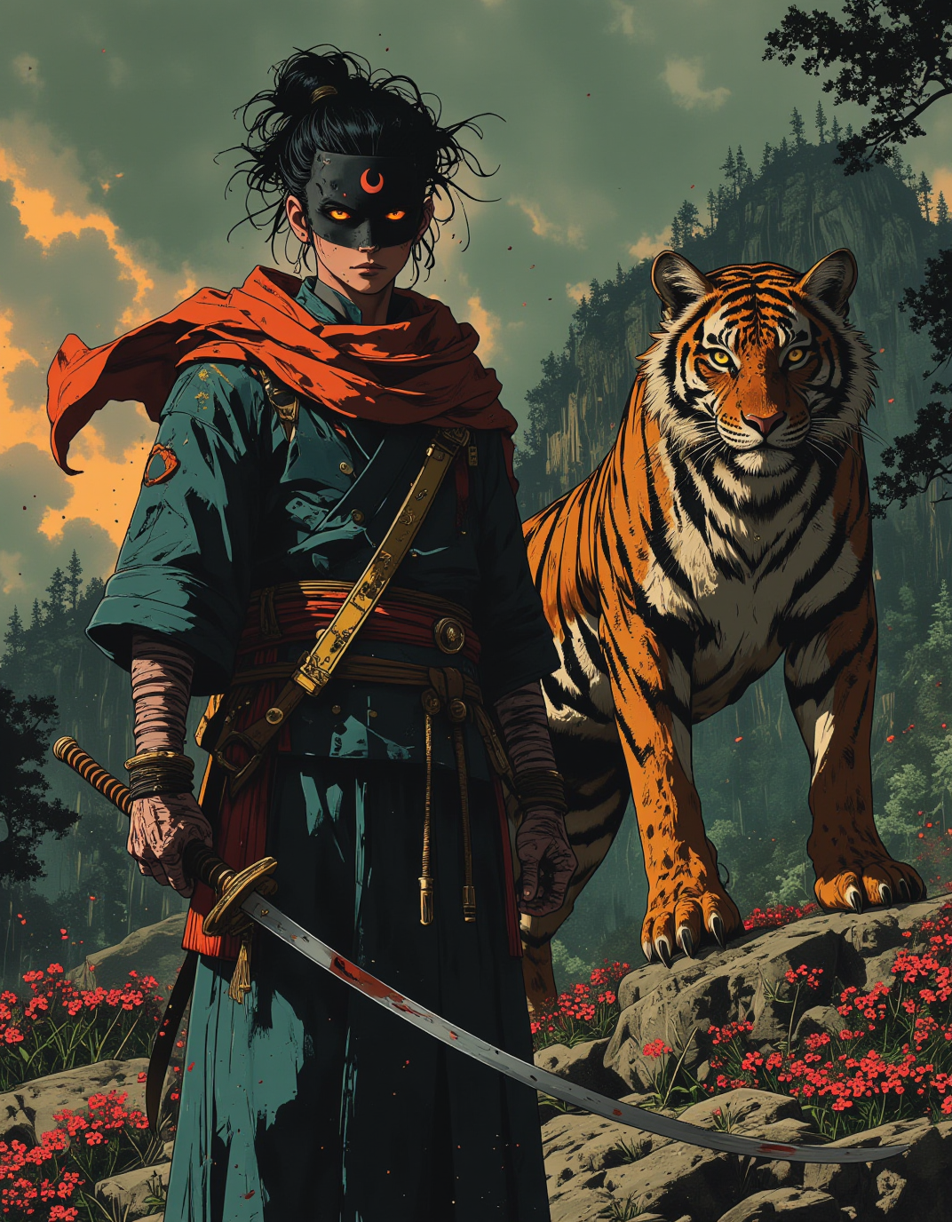 Comic style concept art, A young, androgynous samurai with unruly dark hair wearing a dark black mask with a crescent moon ornament, glowing red eyes, and pale skin, wearing a dark blue kimono with teal accents, a red sash, and a flowing orange-red scarf, holding a katana sword with gold hilts, stands next to him is a big tiger, standing confidently on a jagged rocky outcrop covered in small pink flowers, a dramatic cloudy sky with hints of orange and red in the background, highly detailed, <lora:Luminous_Shadowscape:0.6>, <lora:NeonFantasyPrimeFLUX:0.6>, <lora:FluxMythP0rtr4itStyle:0.6>